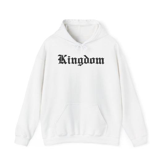 Kingdom Graphic Hoodie — Gothic Logo Pullover with Back Emblem